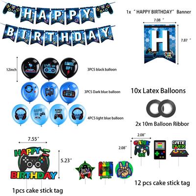 Sada párty doplňků pro videohry Dekorace na narozeninovou oslavu pro chlapečka Pozadí s nápisem Happy Birthday Gaming Potahy na herní stoly Balónky pro hráče