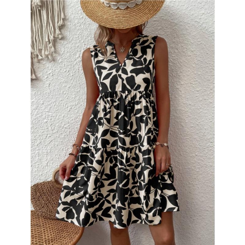 Elegant Sleeveless V Neck Floral Print Boho Mini Dress Summer Ruffle A Line Party Tank Dress Large Size Women Casual Loose Oversize Beach Sundress