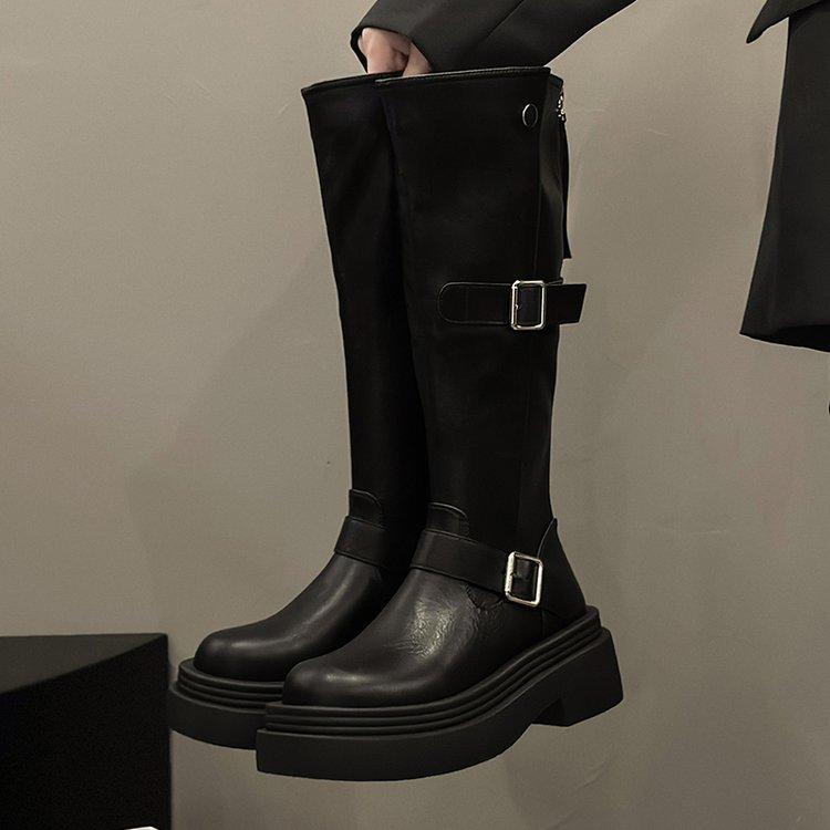 Retro round head belt buckle knight boots autumn and winter velvet brown platform boots British versatile handsome medium boots