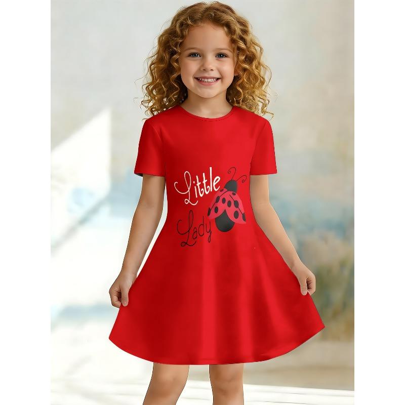 Little Girls Denim Floral Lace Bow Kpop Cartoon Girl Ladybug Letter Print Round Neck Short Sleeve A-Line Kids Summer Swing Dress