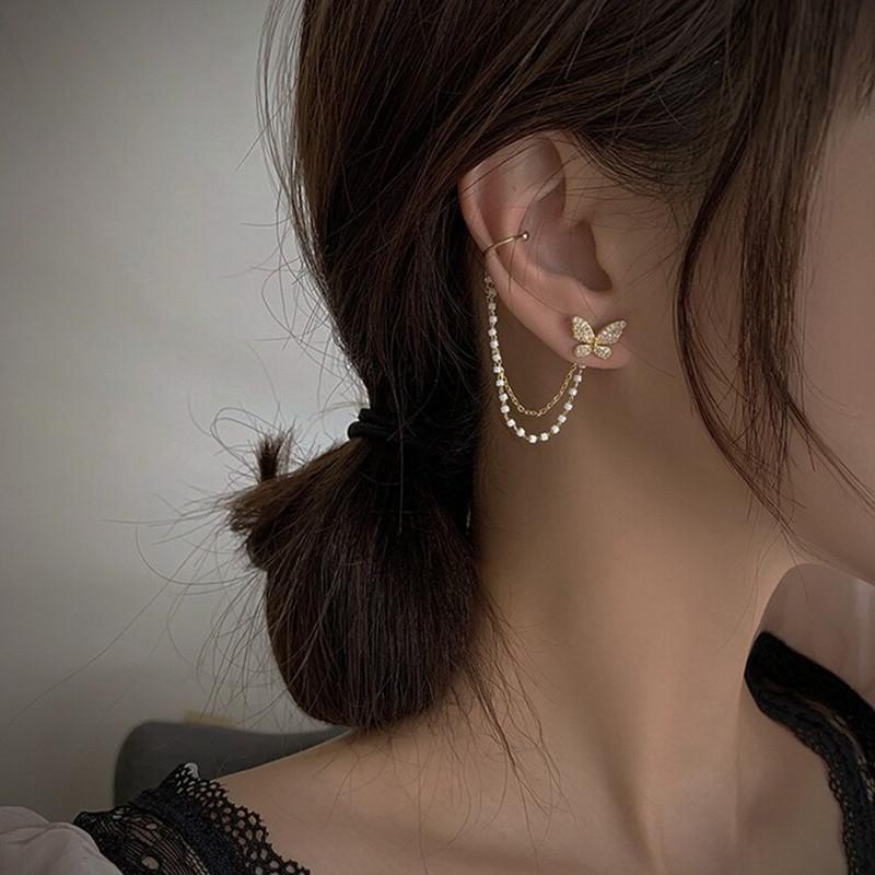 925 Silver Zircon Butterfly Pearl Chain Tassel Earrings with Ear Bone Clip