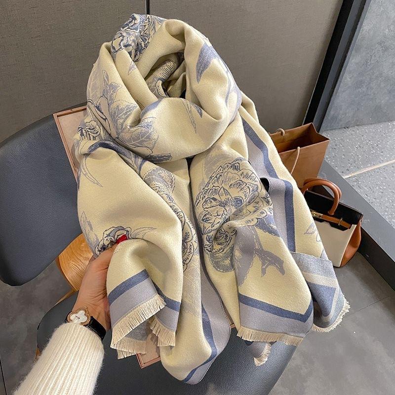 Autumn and Winter Scarf Women's New Shawl Outer Layer High End Peony Flower Scarf Office Blanket Imitation Cashmere Thickened Warm