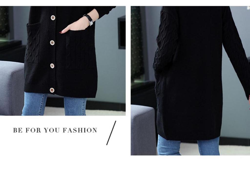 Women's Solid Color Knit Cardigan - V-Neck Mid-Length, Loose Fit Sweater for Spring & Autumn