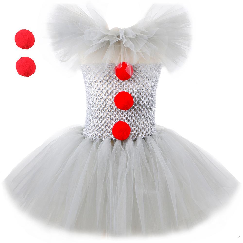 Halloween Gray Joker Girls Costume Tutu Dress Creepy Clown Kids Carnival Party Cosplay Clothing Children Tulle Fancy Dress Christmas