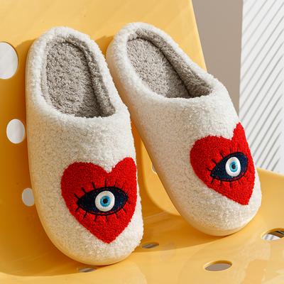 Moda Casa Mulheres Chinelos Inverno Sola Macia Sapatos de Casa Mau Olho Fuzzy Algodão Coração Sola Plana Engraçado Chinelos Sapatos Internos