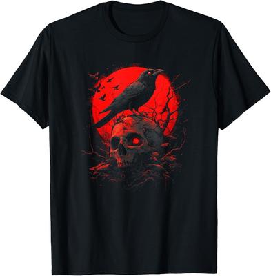 T-shirt unisexe Noir Gothique Corbeau Crâne Lune Rouge Graphique T-shirt Corbeau Noir