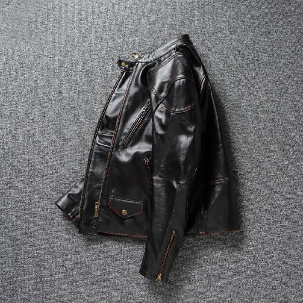 Chinese Size Style RL Top Layer Oil Waxed Cowhide Real Leather Jacket Men Stand Collar Brown Motorcycle Coat Men's Biker Jacket Spring Autumn
