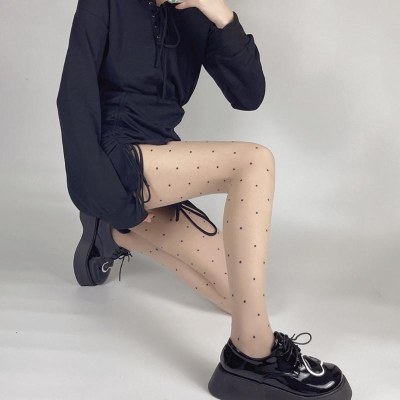 Women Sexy Ultra-Thin Sheer Silky Tights Japanese Sweet Bowknot Polka Dot Heart Printed See Through Pantyhose Stockings