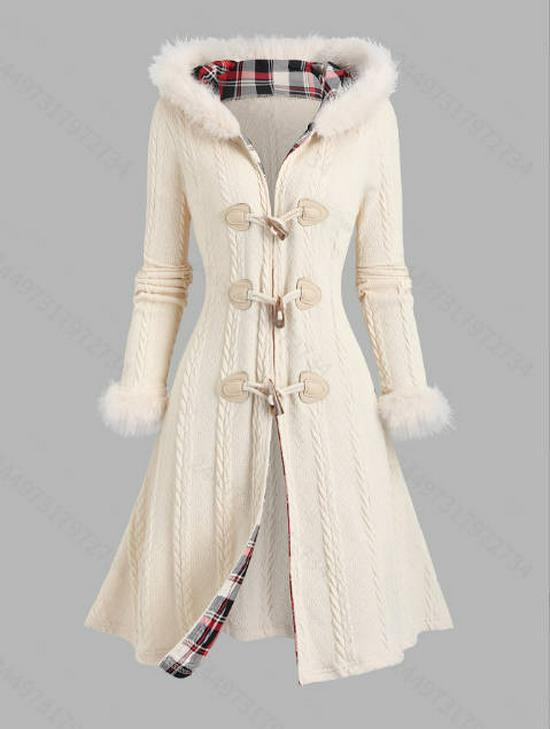 2025 Women's Plus Size Slimming Hooded Cable Knit Plaid Patchwork Jacket for Autumn and Winter