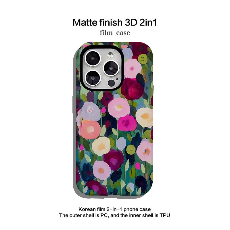 Coque de téléphone à motif floral peint à l'huile pour Apple 14-16, style coréen, et ensemble 2-en-1 pour 15 Pro Max.