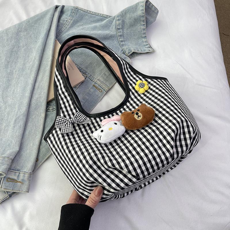 

Spring and summer fashion plaid cloth bag fresh and cute handbag girl doll hand bag bento bag чорний
