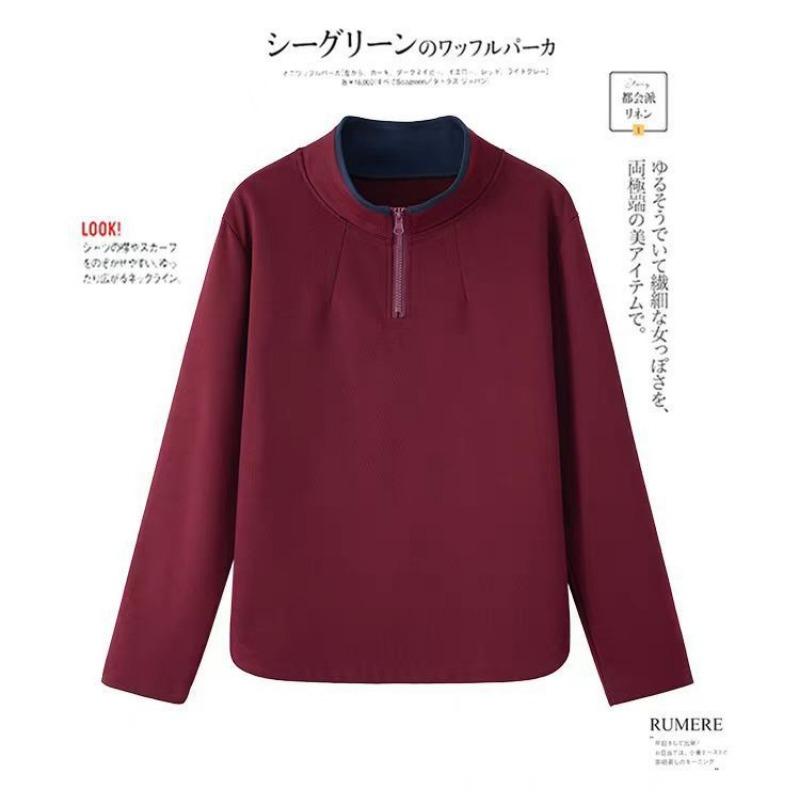 Autumn Winter Solid Color Stand Collar Zipper T-shirt Women Long Sleeve Casual Fashion Vintage Pullover Top Tee