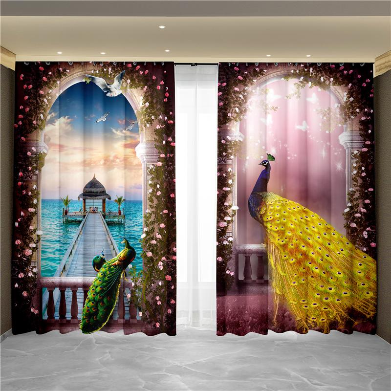 Nowy Chiński Styl Tuszowy Pejzaż Malarstwo Kwiatowe Paw Feniks Zasłona Okno od Podłogi do Sufitu Salon Tkanina Zaciemniająca Zasłona