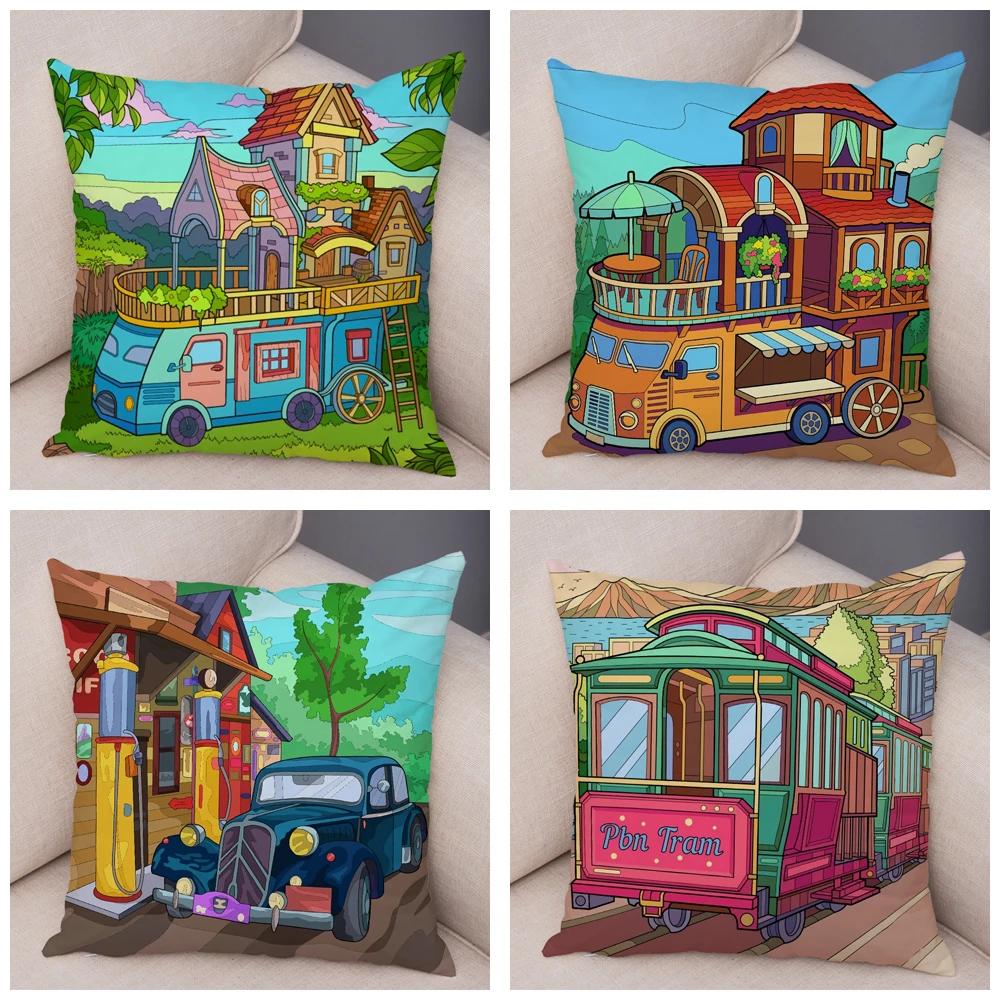 Both Sides Pillow Case Decor Happy Camper Cartoon House Travel Car Cushion Cover for Sofa Home Super Soft Plush Pillowcase