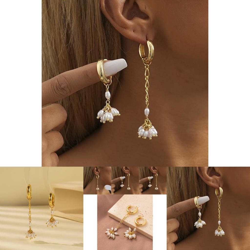 Elegant Geometric Gold Plated Asymmetrical Pearl Earrings For Women Fashion Jewelry
