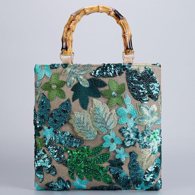 Women's Retro Tote Bag Vintage Pink Embroidery Sequin Bamboo Handle Handbag Elegant Fashion Bag Daily Commute Shopping Travel Bag