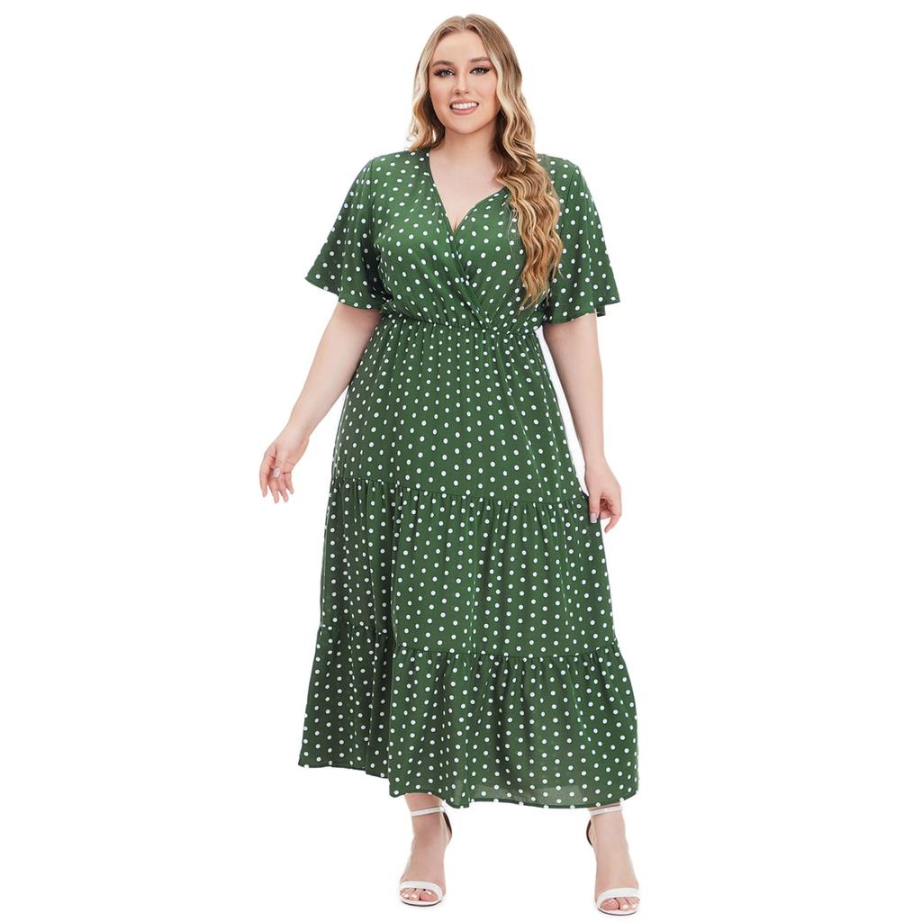 Robe Longue à Col V et Imprimé Pois pour Femmes Manches Courtes Taille Haute Été Robe Maxi à Volants Élégante Respirante Légère Vacances Plage Robe Grande Taille