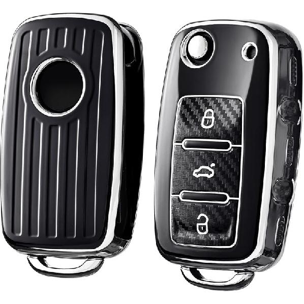 ELOHEI for VW Key Fob Cover, Premium Soft TPU 361 Degree Full Protection for VW Volkswagen Jetta Beetle Tiguan Passat Golf MK6 Polo 3 Buttons(Leather