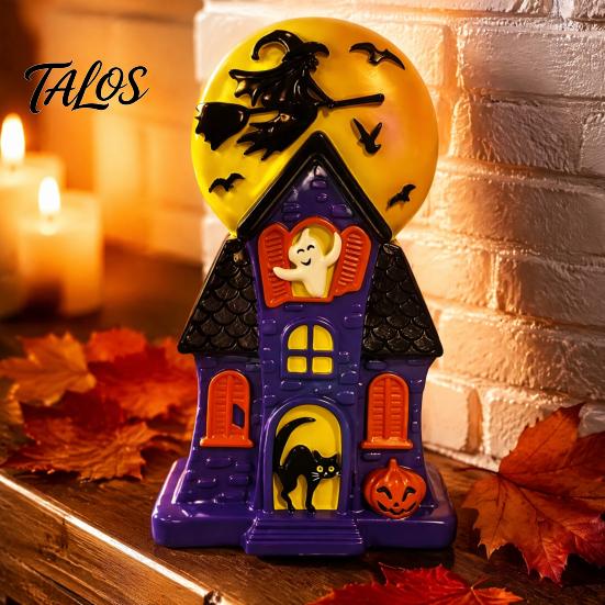 Retro Halloween Ghost Ornaments Haunted House Blow Mold Light, Vintage Pre-Lit Mansion Decor with Glowing Witch Tabletop Centerpieces Moon Black Cat,