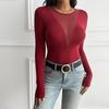 Damen Sommer Langarm Reine Farbe Skinny Tops Mesh Patchwork Durchsichtig Damenmode Sexy T-Shirt