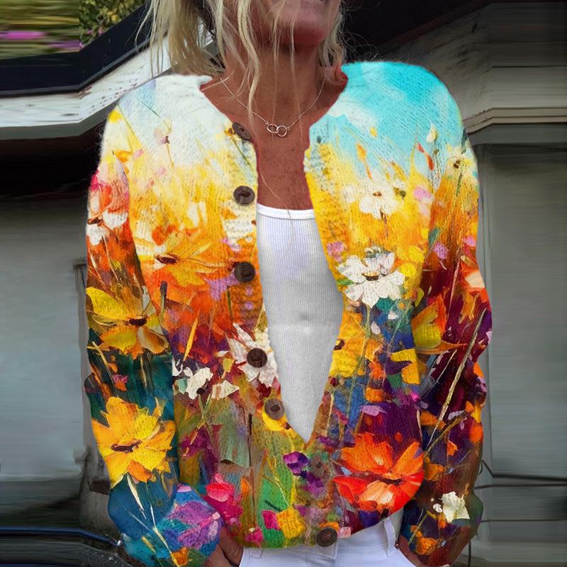 2026 foreign trade new 3D digital printing cardigan knitted jacket women's clothing early spring and autumn factory wholesale