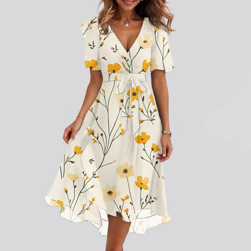 Women's Summer Floral Printed Casual Wrap V Neck Ruffled Hood Short Sleeves Belt A-Line Ruffle Hem Midi Sundress