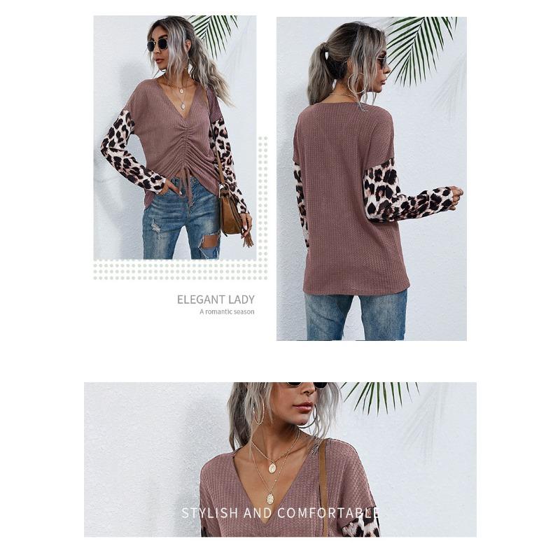 V-neck Color Blocked Leopard Print Long Sleeved T-shirt for Women Casual Top Drawstring Design Commuter Pullover Base Shirt Autumn