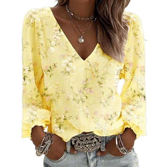 Yousheng Women Tops Retro Floral Print Puff Long Sleeve Shirt V-neck Loose Fit Casual Blouse Breathable Daily Wear