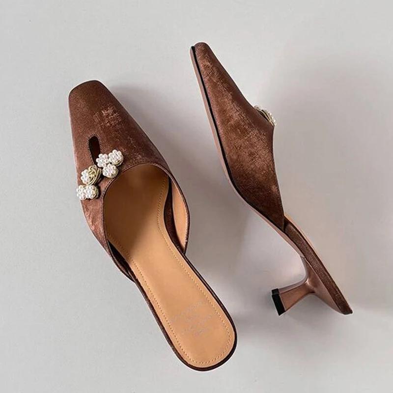 Fashion Women Heeled Slippers Square Toe Fashion Shoes Elegant Summer Sandals Walking 2025 Designer Dress Pumps New Luxury Ladias Shoes