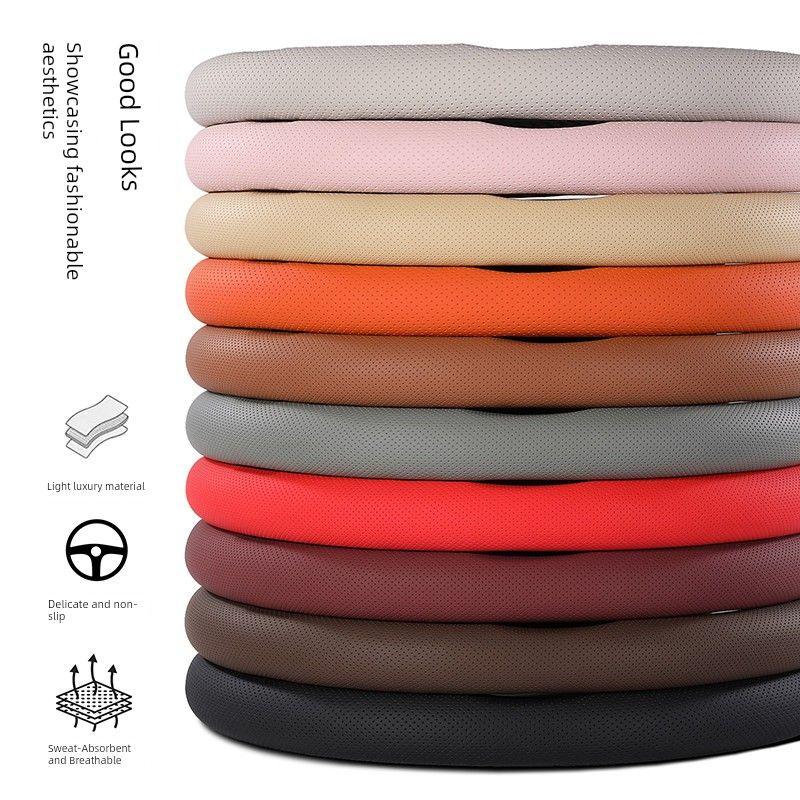 Car Steering Wheel Cover, Ultra-Thin, Breathable, Non-Slip, Sweat-Absorbent, New Style, Unisex, Suede Nappa Leather Handle Cover for Summer