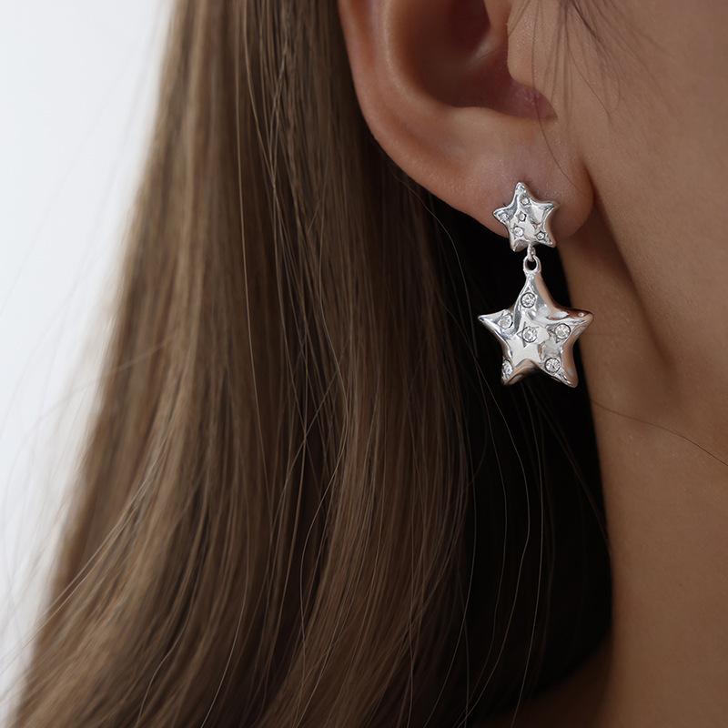 Luxury Full Rhinestone Pentagram Pendant Earrings For Women Exaggerated Double Layer Star Earrings Birthday Party Jewelry