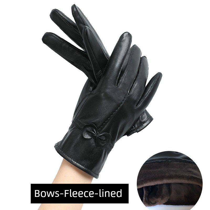 Real Leather Gloves Women's Sheepskin Gloves Leather Gloves Cycling Winter Warm Fleece-Lined Cycling Electric Car Touch Screen Leather Gloves Thin