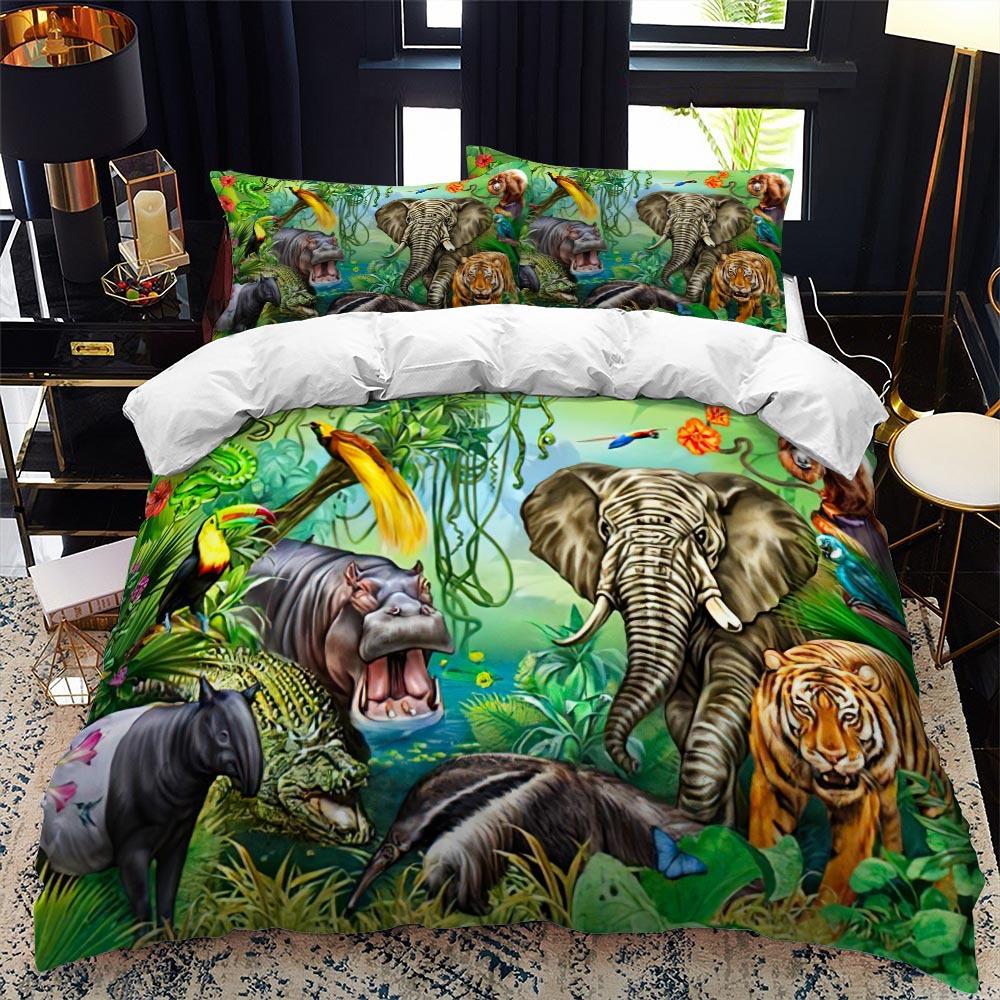 Zoo Duvet Cover Set King Queen Size Animal In The Forest Cartoon Illustration Lion Panda For Kids Girl Boy Polyester Bedding Set