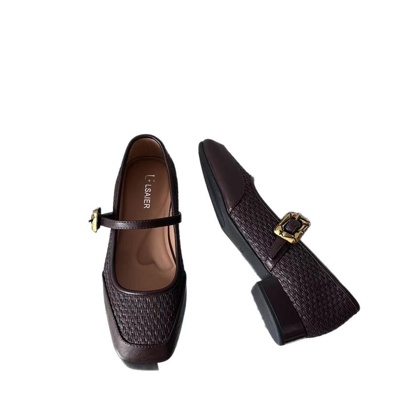French woven word belt Mary Jane 2025 new autumn splicing square head thick heel women's shoes fashion shoes