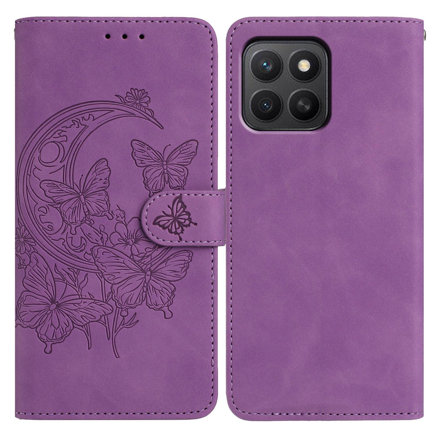 

For Honor X8c 4G/X8b 4G Case Butterfly Flower Imprinted PU Leather Wallet Stand Phone Cover Purple