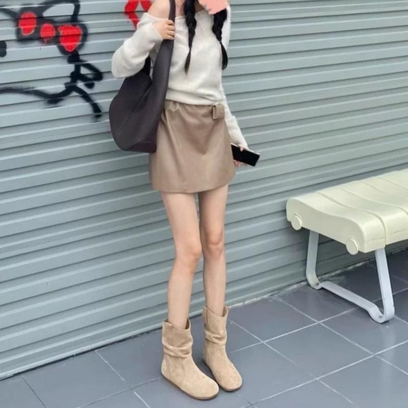 Cowhide Version~ Inner Height Increase Retro Short Boots Women's 2025 Autumn and Winter Western Martin Boots Round Head Short Tube Boken Stacking B