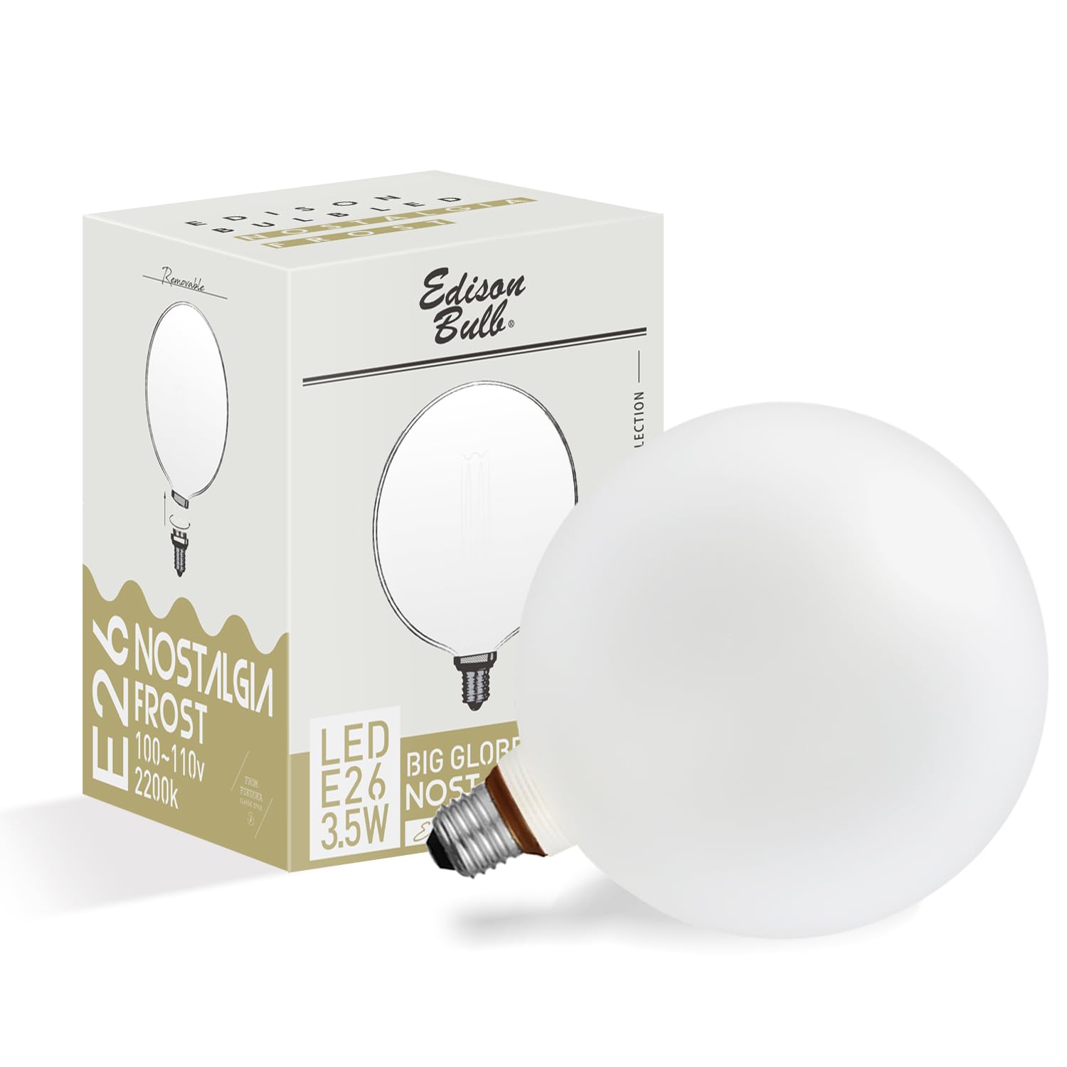 

Nostalgia Edison Bulb LED Light Bulb, BIGGLOBE, Frosted, Dimmable, Frosted Glass, Globe Shape, Warm White, 2200K, 15W Equivalent, G200 (Outer