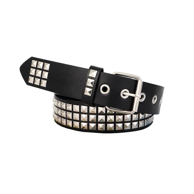 Leather Style Punk Belt With Three Row Hollow Square Buckle Bullet Head Design