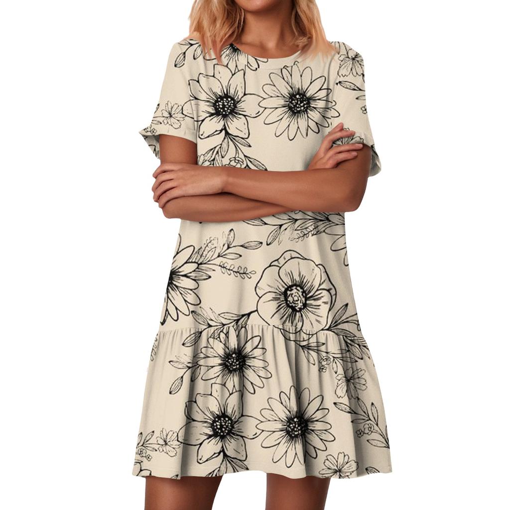 Women's Fashion Casual Round Neck Short Sleeve Ruffled Vintage Printed Dresses