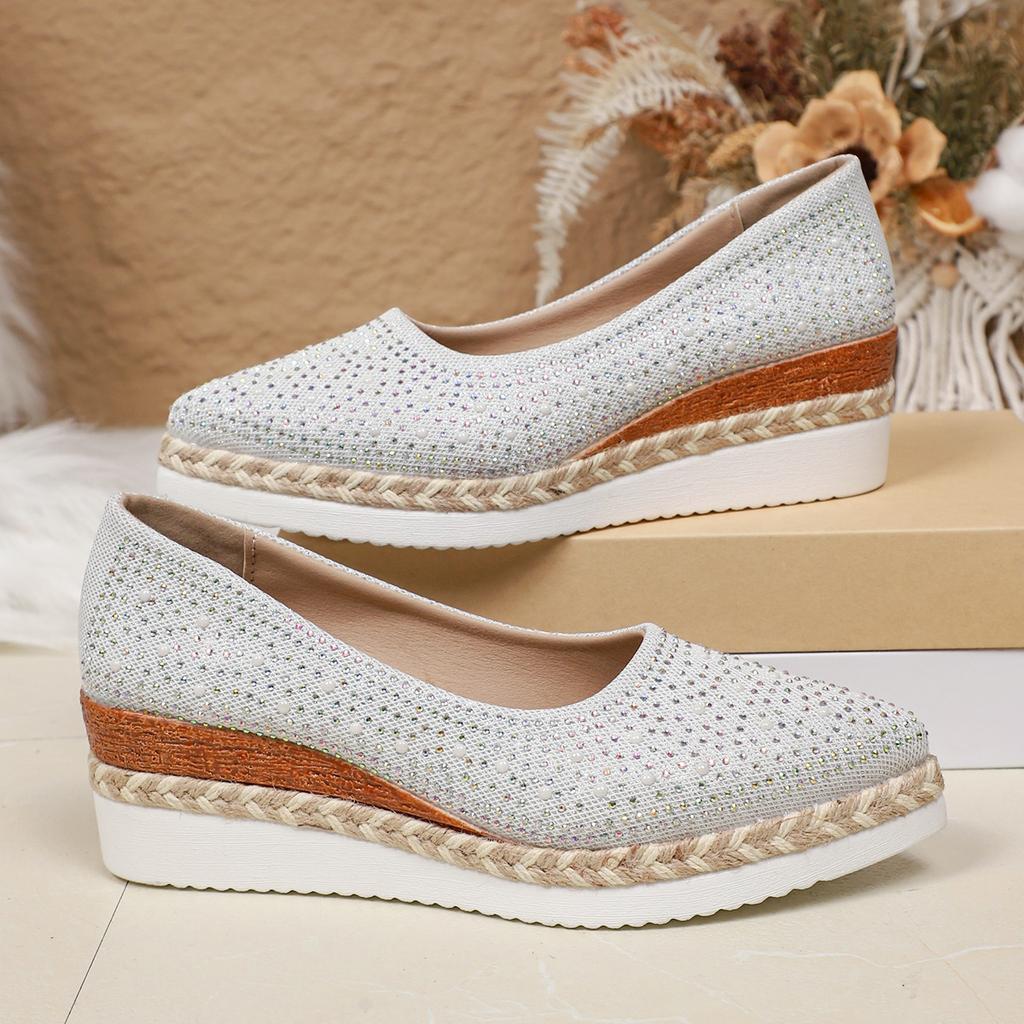 Sequin Cloth Glitter Decoration Wedge Heel Pumps Women 2025 Autumn Pointed Toe High Heel Loafers Casual Soft Sole Shoes