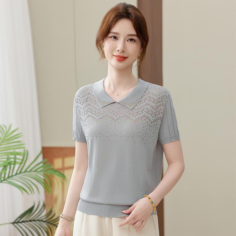 2026 Summer Ice Silk Lapel Knit T-shirt for Young Mothers and Stylish Seniors L (recommended 80-100 lbs) серый/зелёный