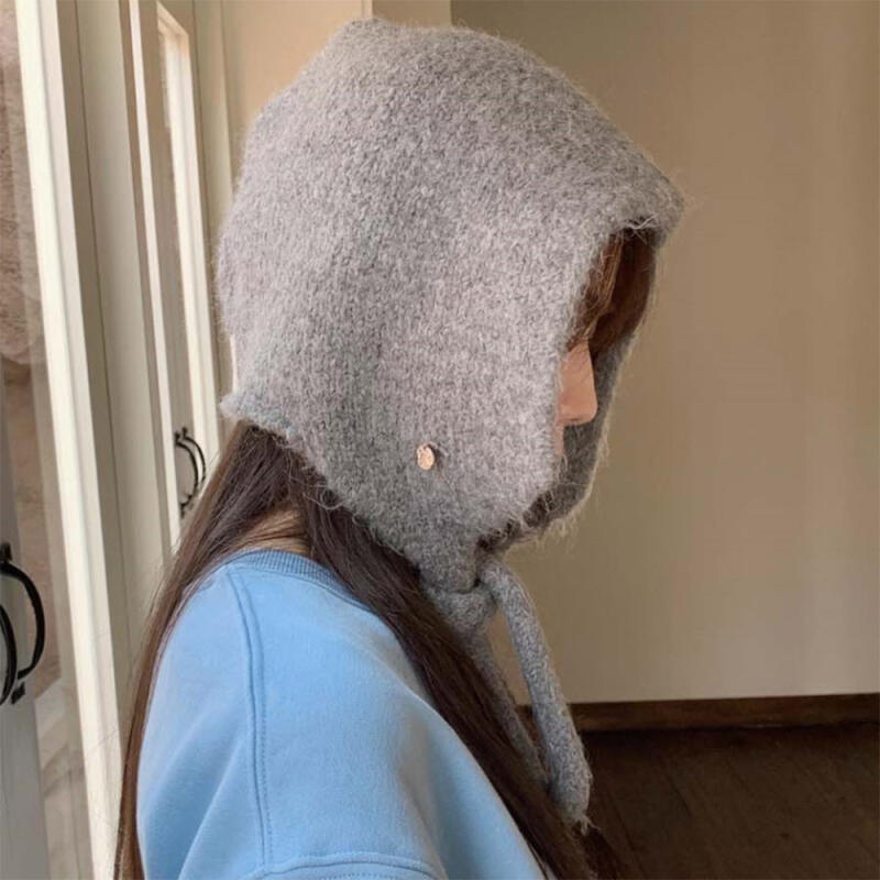 Women s Earflap String Fur Wool Knit Beanie C8433_Gray