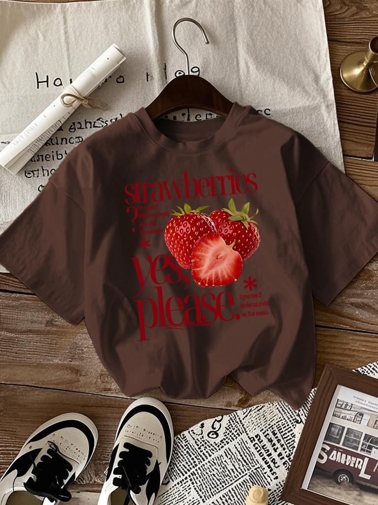 Strawberries Fruit Yes Please Printed Tee Shirts Woman Cotton Crewneck T Shirt Sport All-Match Streetwear Casual Loose Clothes