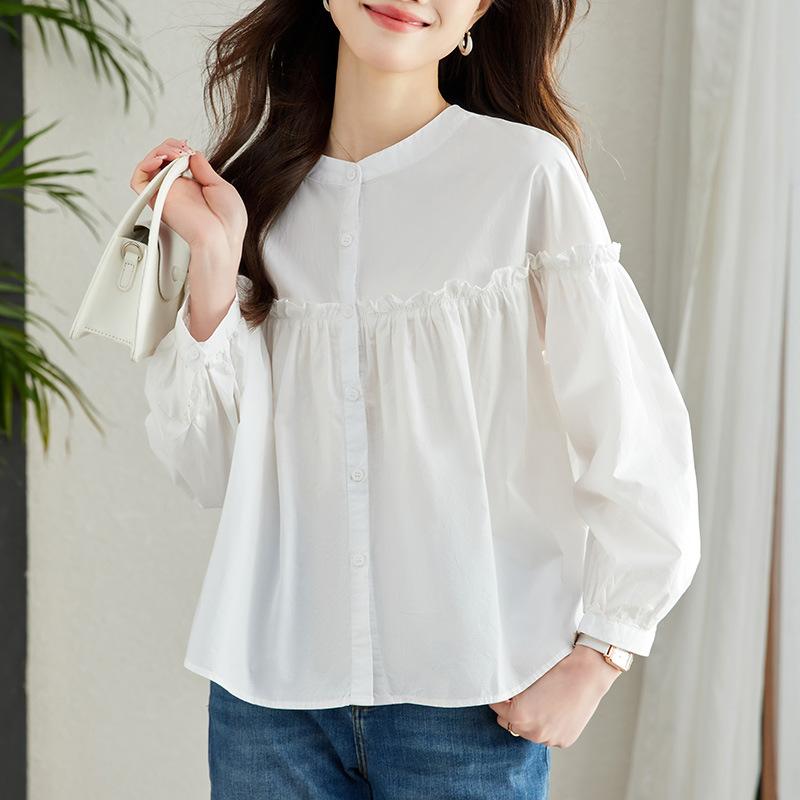 

Весенняя Новая Рубашка с Длинным Рукавом из Чистого Хлопка для Женского Темперамента, Повседневная Свободная Корейская Рубашка с Круглым Вырезом для Женщин XXL