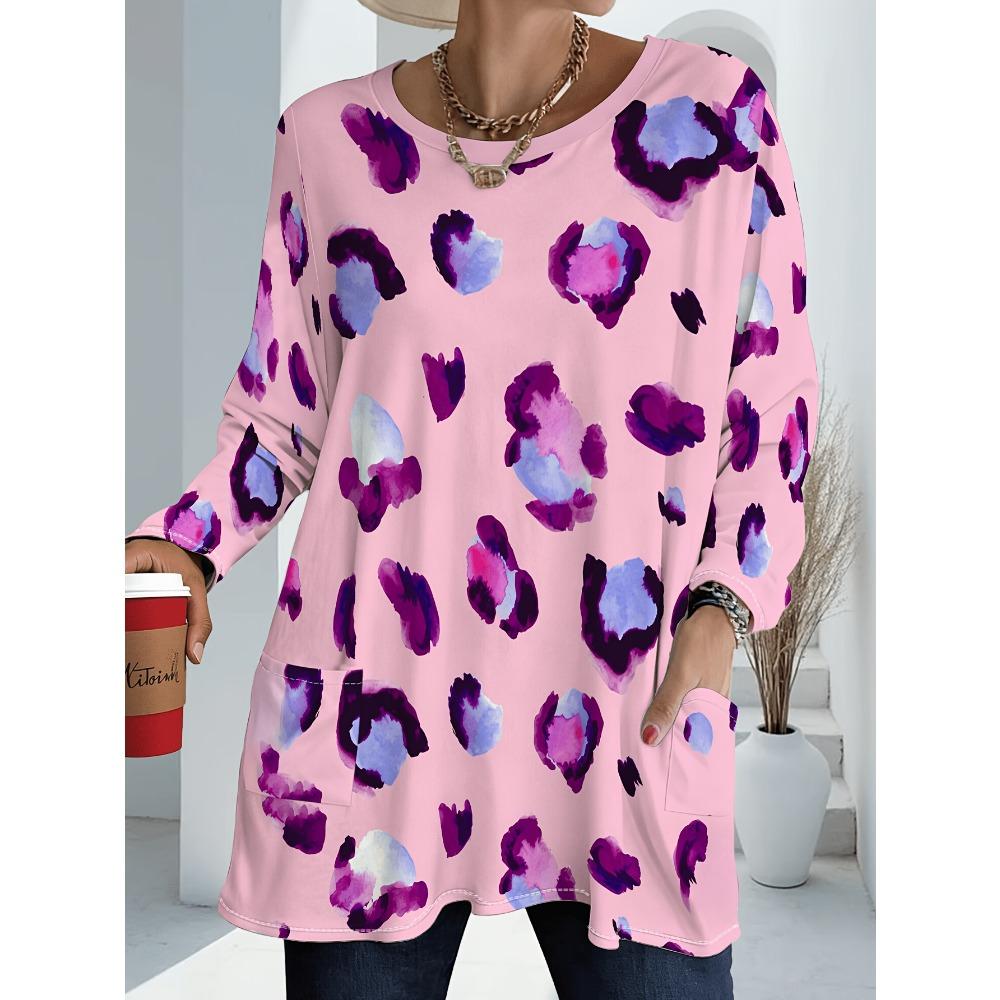 Foundation watercolor leopard print long-sleeved large-size women's T-shirt, double pocket crew neck design