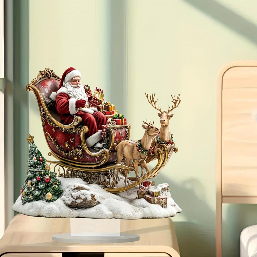 Flat Acrylic Christmas Reindeer Sleigh Santa Figurine Christmas Santa Claus On Sleigh Decoration Holiday 2026 Party Supplies