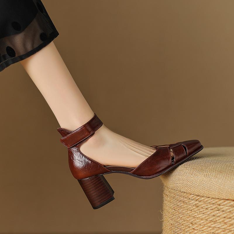 2024 Summer Women Shoes Cover Toe Chunky Heel Women Sandals Genuine Leather Shoes for Women Sandals Retro High Heel Roman Shoes