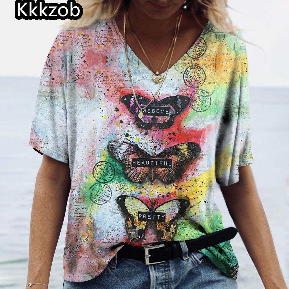 2025 Summer Women's T-Shirt Vintage Butterfly Printcasual Fashion V Neck Pullover Short Sleeve Loose Daily Tops Design Clothing