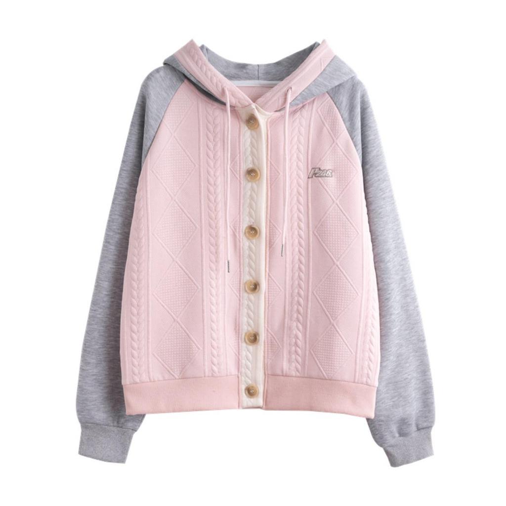 Giacca con Cappuccio Color Block per Donna Taglie Forti, Nuova Sottile per Primavera e Autunno, Felpa Patchwork a Bottoni Singoli Media e Lunga per Donna