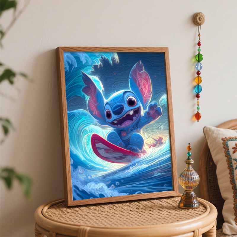Disney digital oil painting Stitch surfing waves art handmade diy gift home decoration